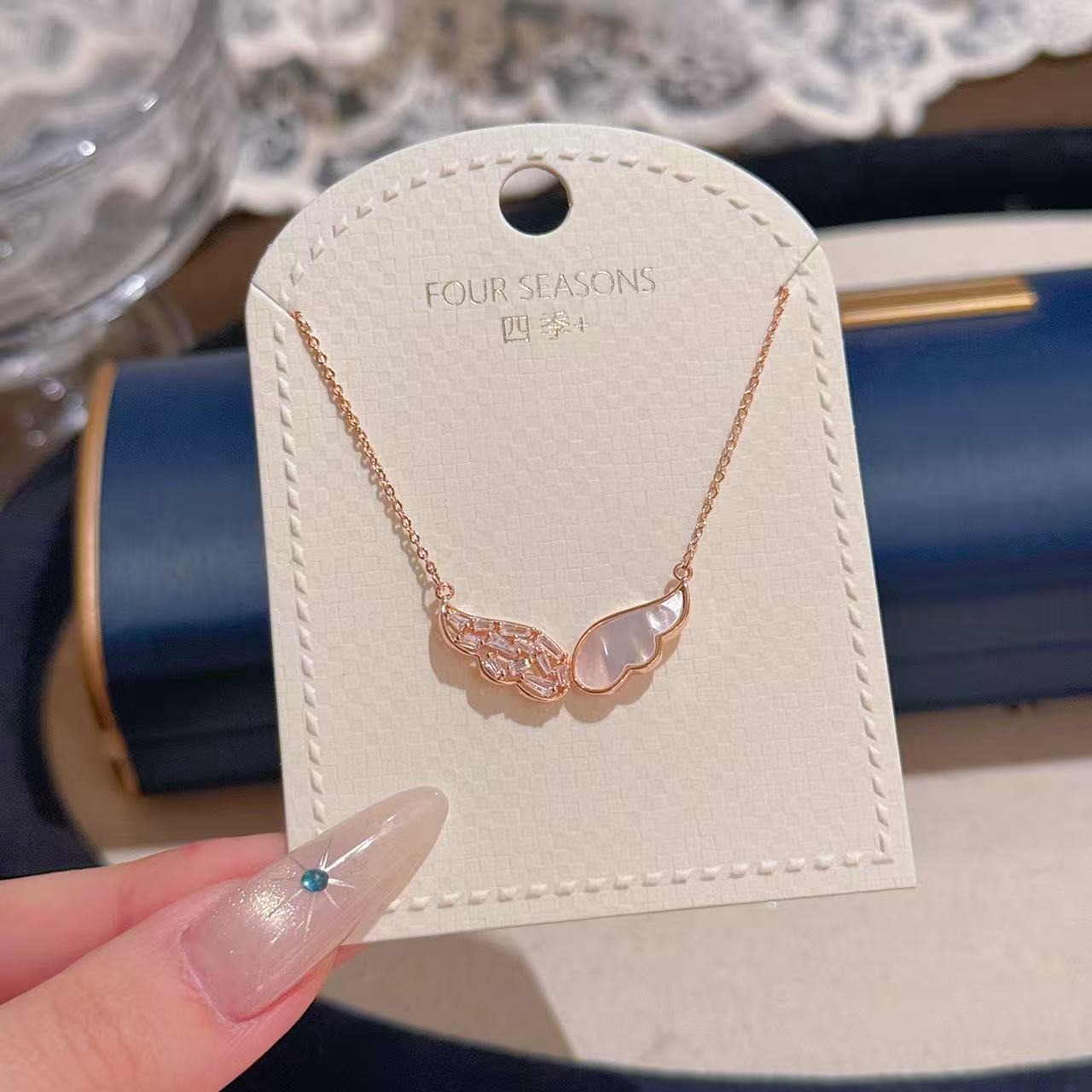 Angel Wing Pendant Necklace with Natural Shell & Zircon, Luxury Niche Clavicle Chain