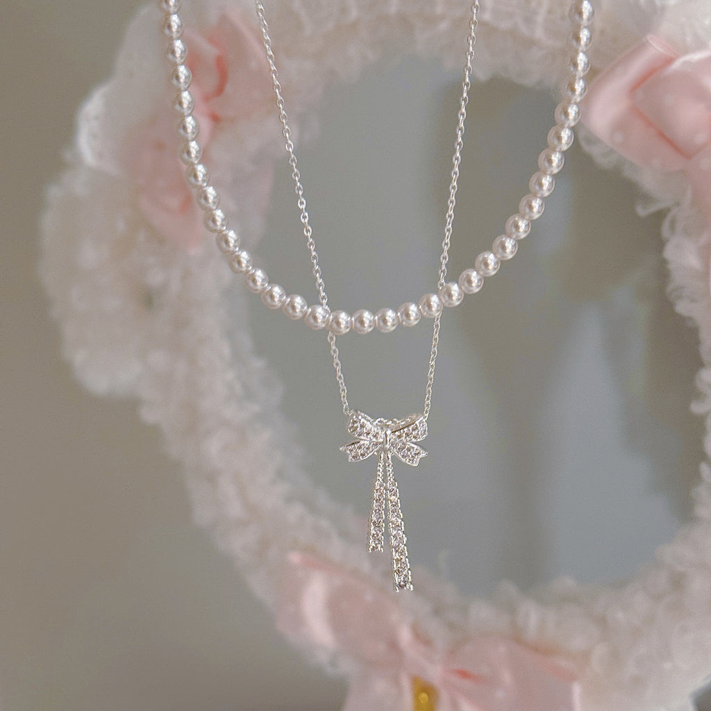 Bow Pearl Double Layer Necklace, Luxury Niche Elegant Clavicle Chain, Sweet Exquisite Fashion Jewelry
