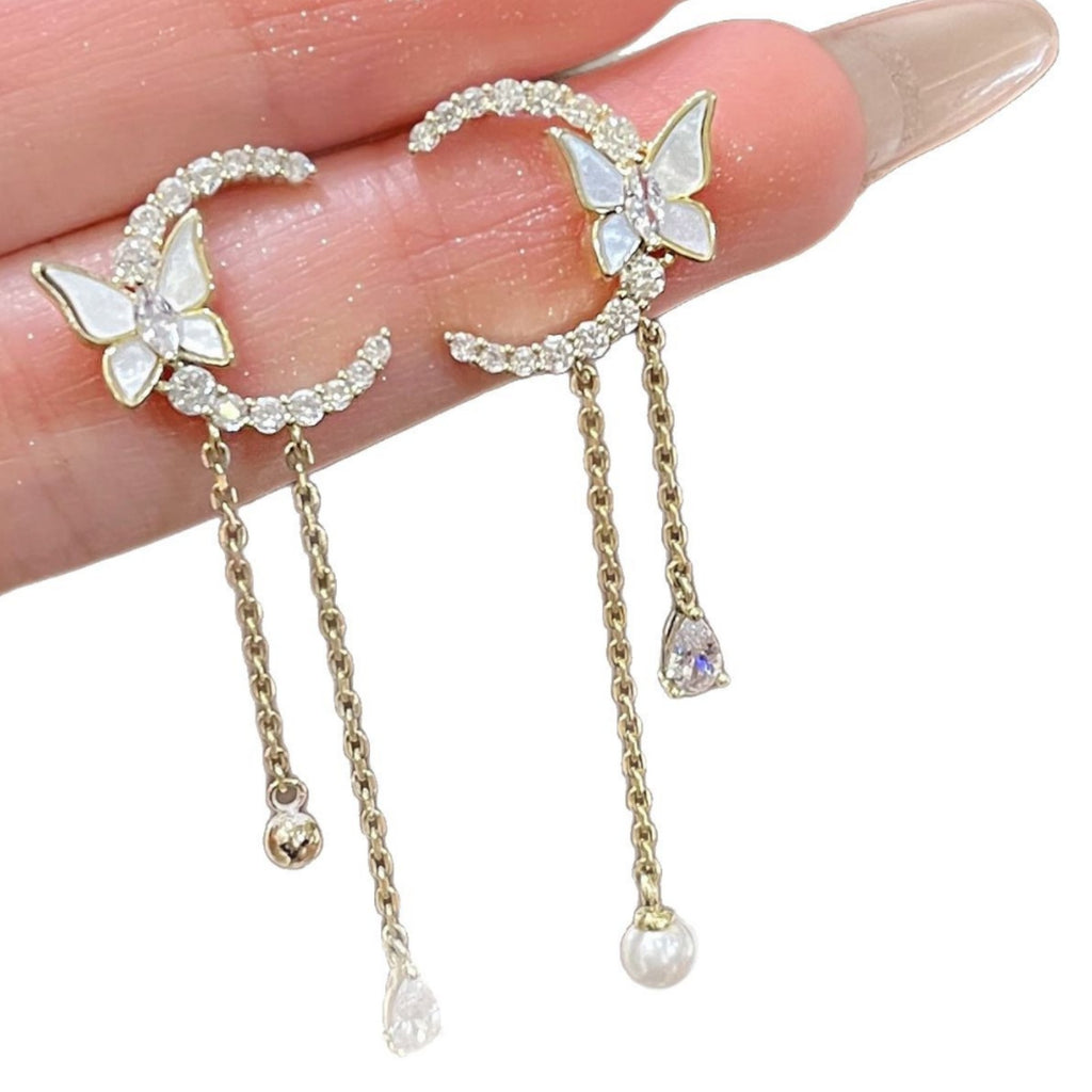 Trendy Asymmetrical Butterfly Earrings, Luxury Niche Long Drop Earrings, Elegant Personality Daily Versatile Ear Jewelry
