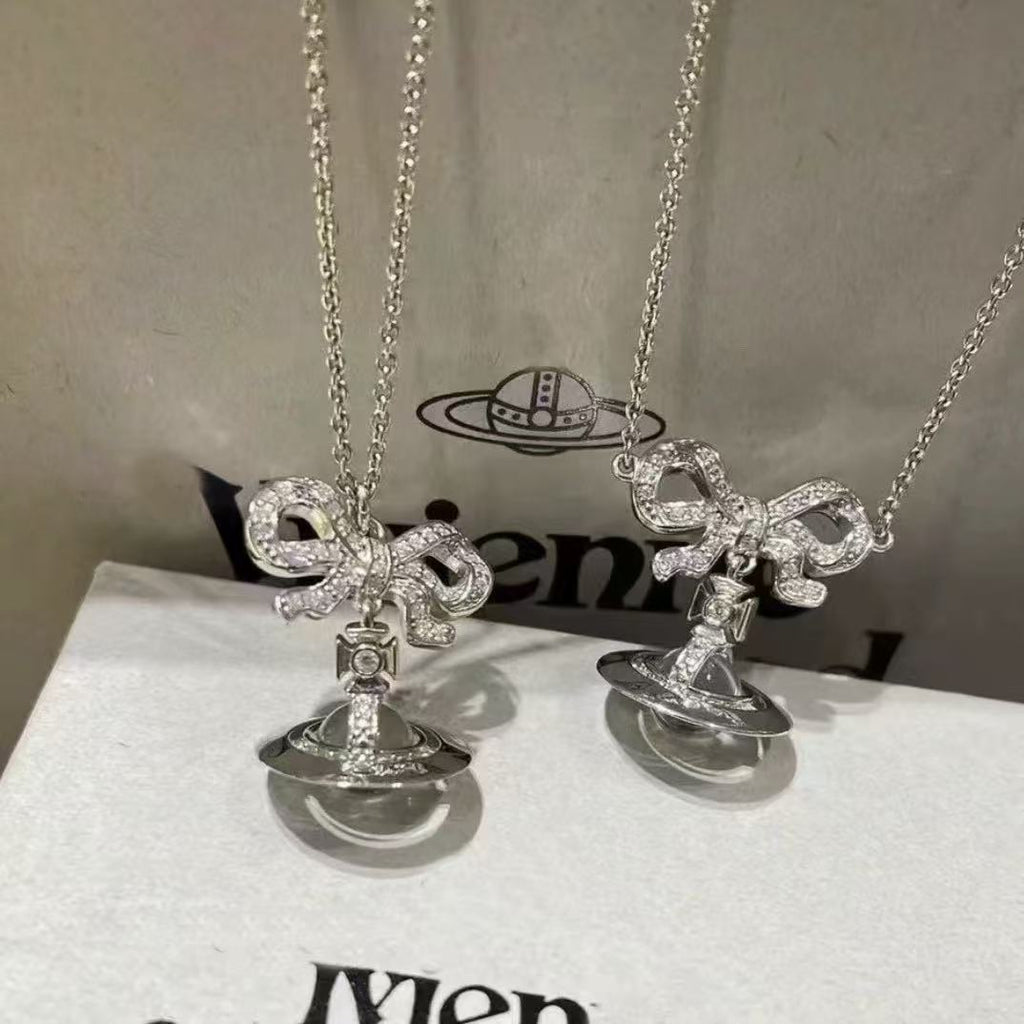 Sweet Luxury Bow Saturn Cat Eye Clavicle Necklace Ladies Daily Pendant Chain