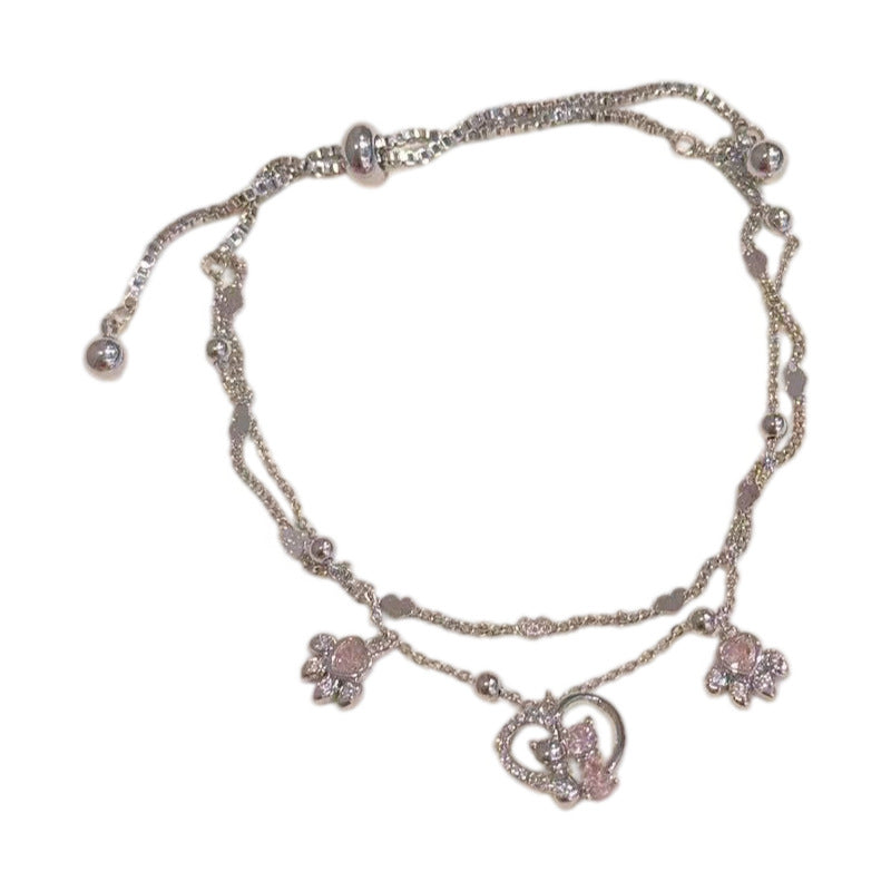 Sweet Cat Themed Double Chain Bangle, Lovely Heart Paw Design, Premium Fashion Wrist Accessories