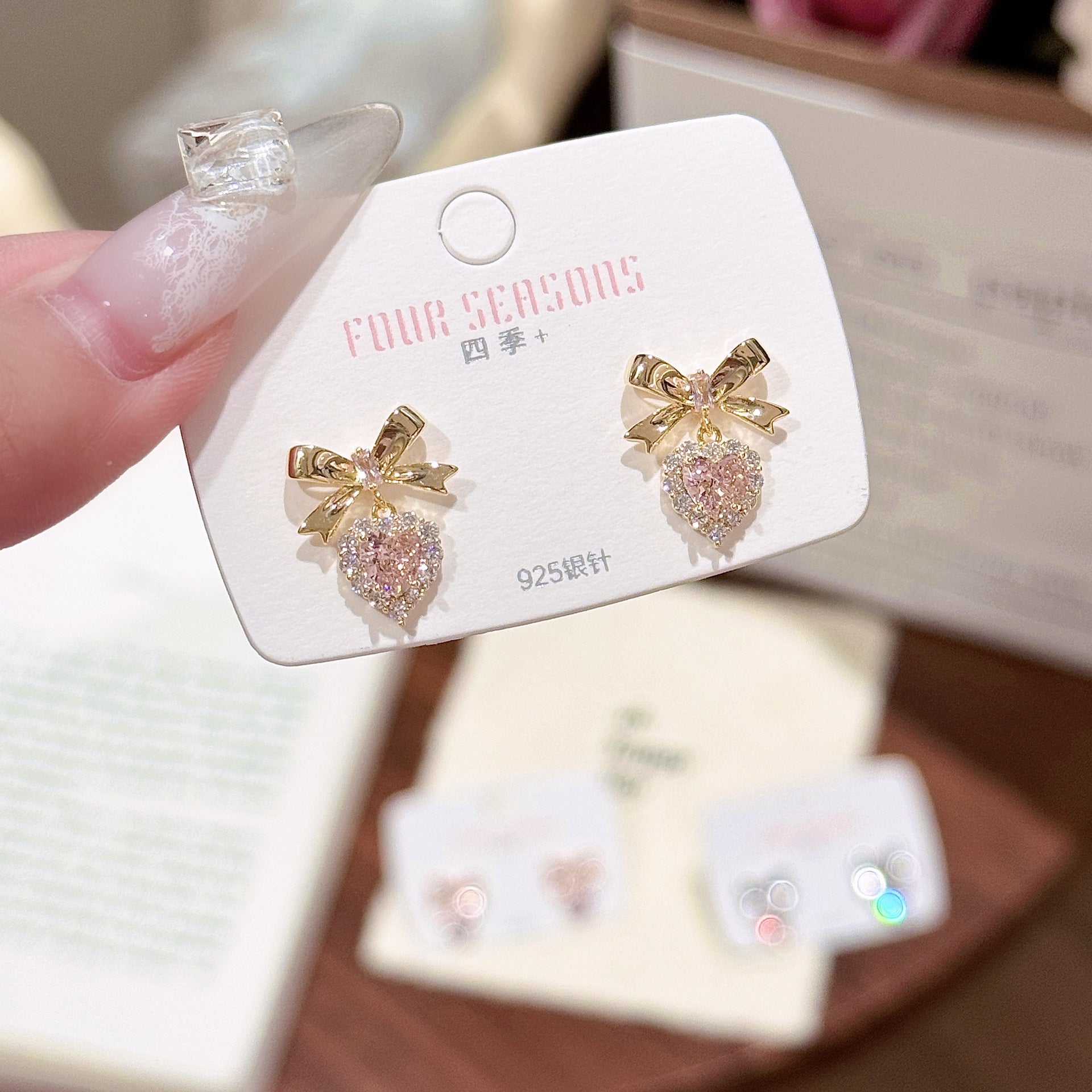 Korean Heart Bow Rhinestone Stud Earrings, Elegant Fashion Earrings For Ladies