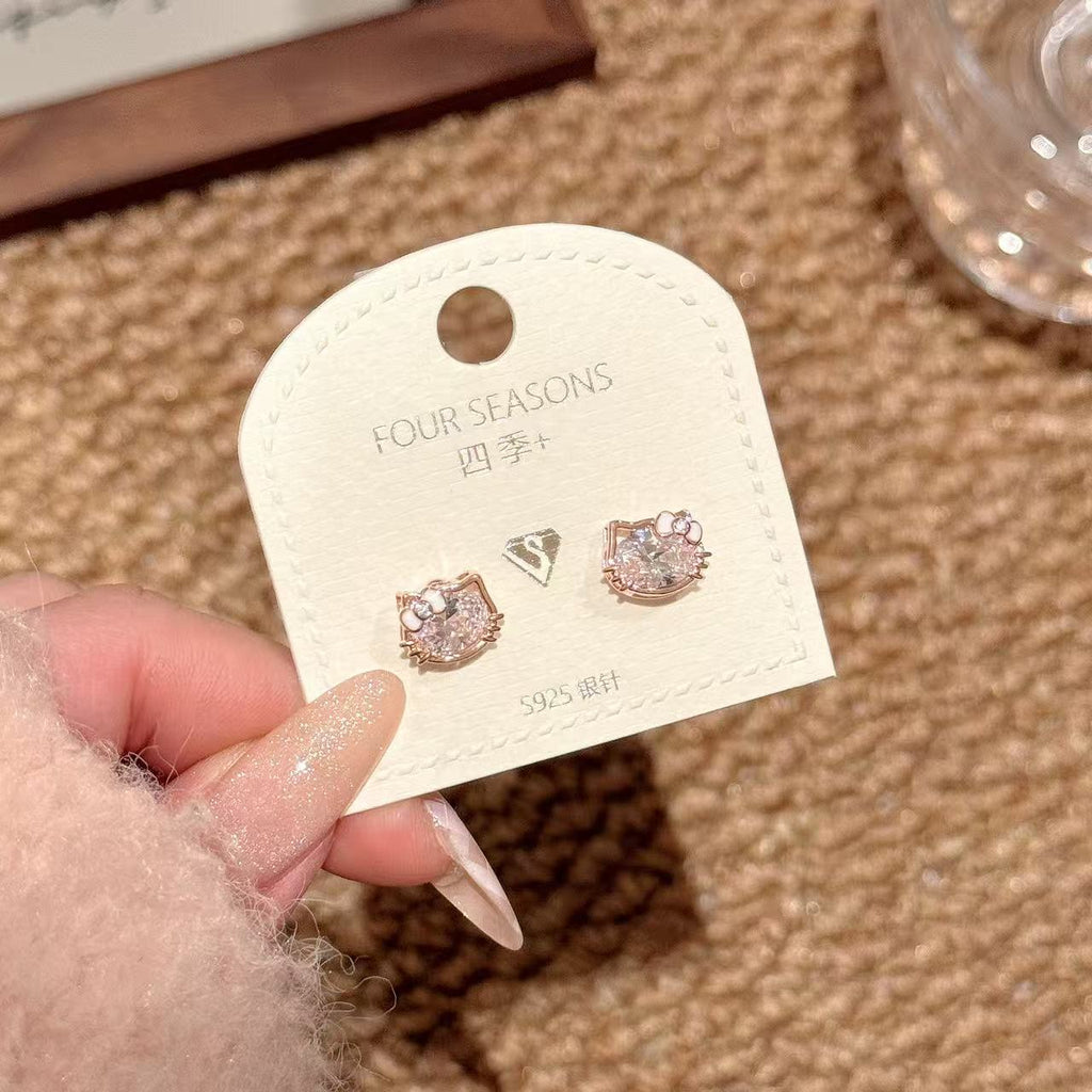 Sparkling Natural Zircon Cat Stud Earrings, Korean Luxury Elegant Earrings, Minimalist Versatile Ear Accessories