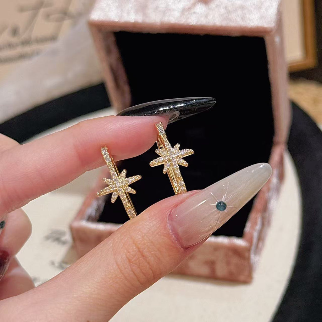 925 Silver Needle Eight-pointed Star Earrings, Luxury Elegant Ear Hook Jewelry, Cold Style Exquisite Temperament Ear Ornaments for Women Wholesale
