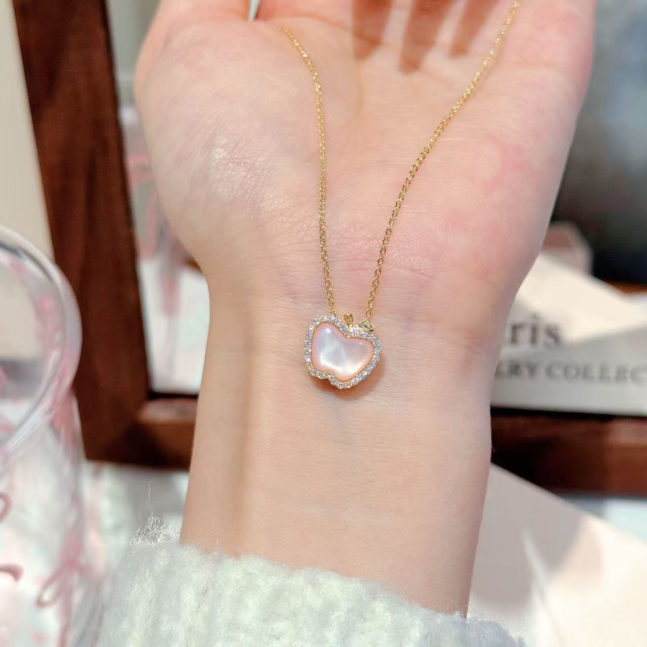Pink Apple Pendant Necklace, Soft Elegant Light Luxury Women Daily Wear Jewelry