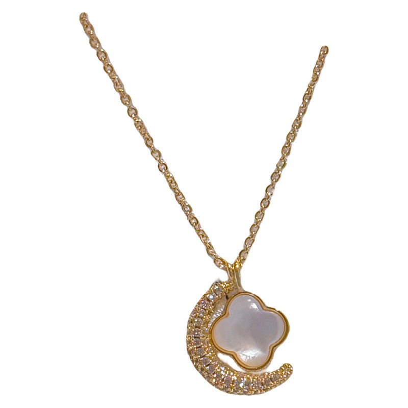 Moon Lucky Flower Natural Shell Pendant Necklace for Women, Luxury Niche Dainty Versatile Daily Collarbone Fine Jewelry