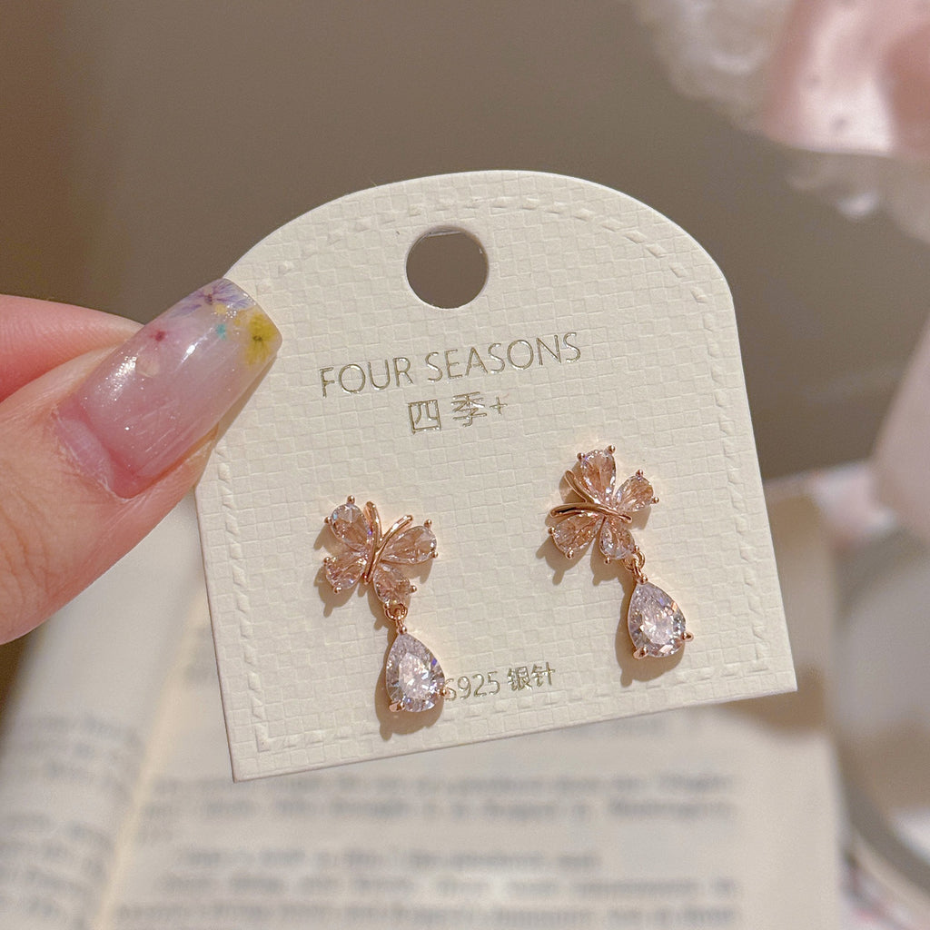 Butterfly Water Drop Dangle Earrings, S925 Sterling Silver Posts, Korean Style Luxury Dainty Elegant Drop Stud Earrings