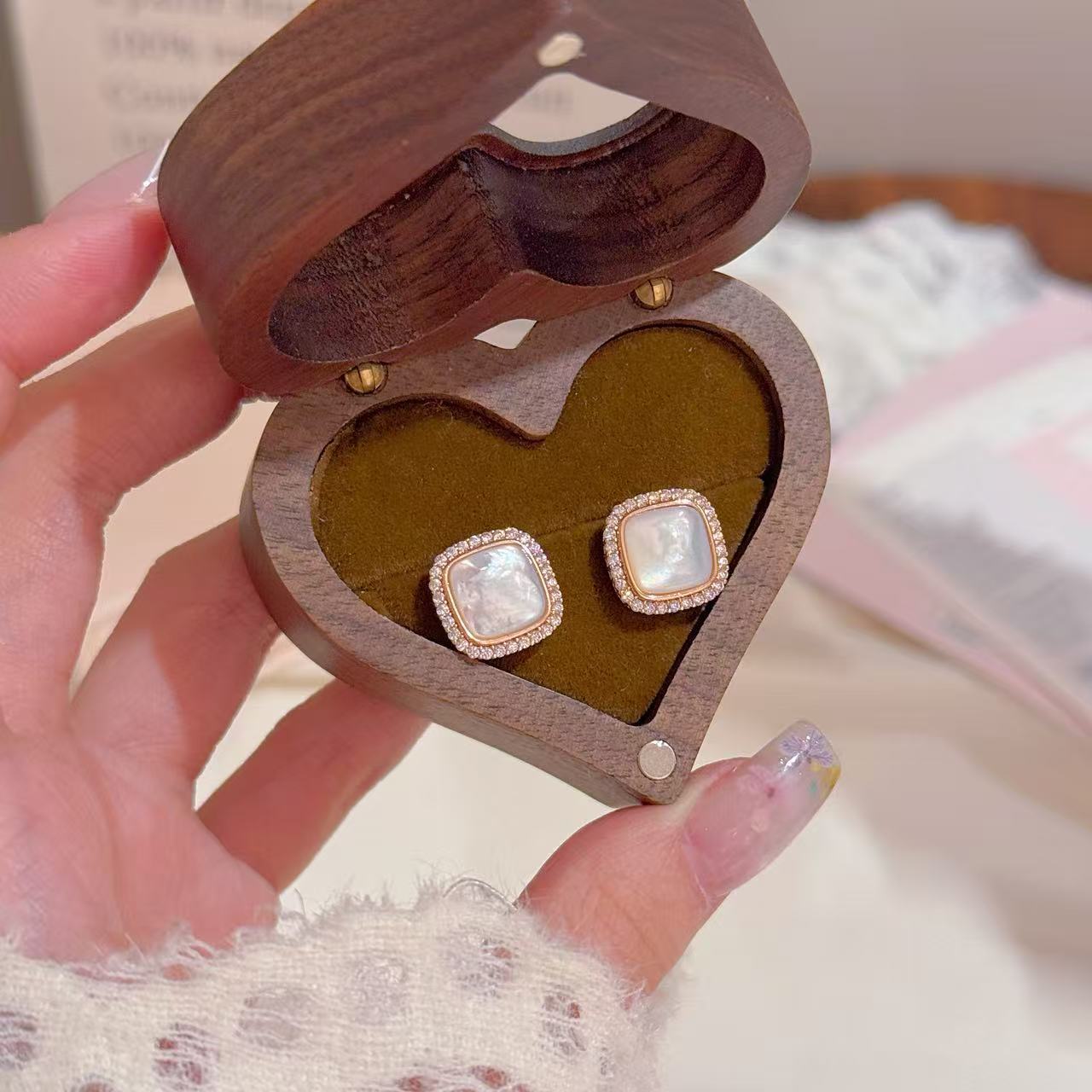 Square Natural Shell Stud Earrings with S925 Sterling Silver Posts, Curved Surface Minimalist Luxury Dainty Elegant Earrings