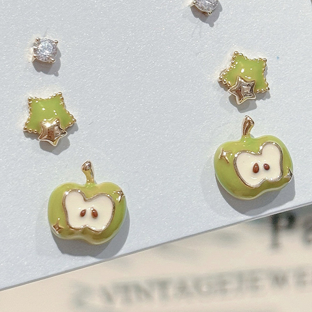 Fresh Green Apple Stud Earrings Three-piece Set, Literary Style Luxury Exquisite Ear Jewelry, Cute Elegant All-match Temperament Earrings