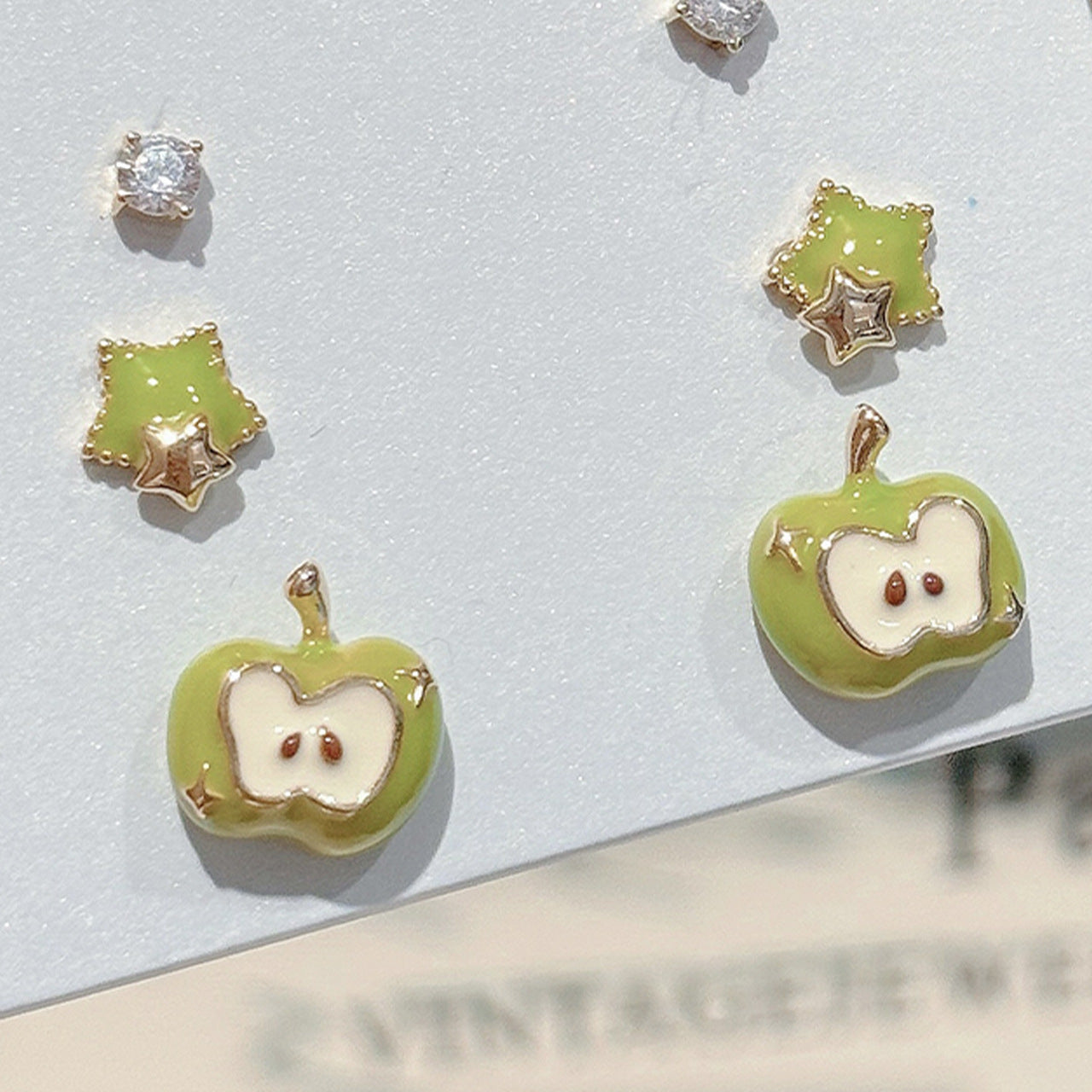 Fresh Green Apple Stud Earrings Three-piece Set, Literary Style Luxury Exquisite Ear Jewelry, Cute Elegant All-match Temperament Earrings