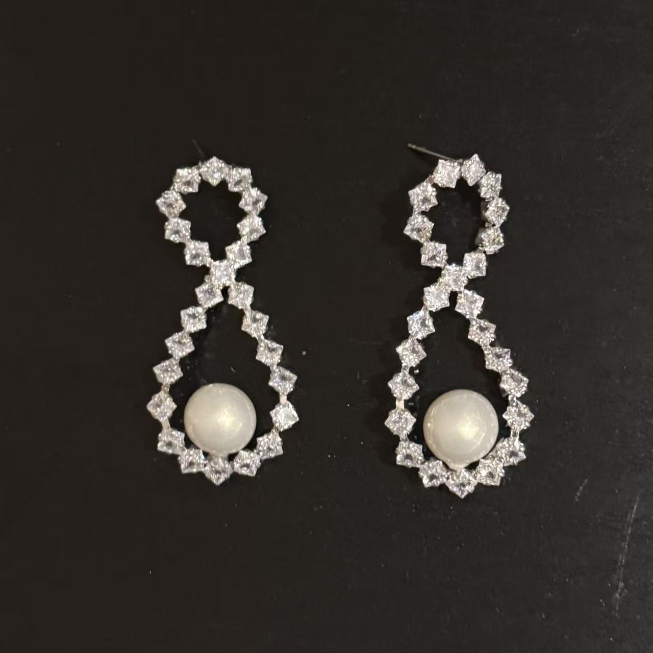 Rhombus Zircon Pearl S925 Silver Studs Luxury Rich Lady Women Earrings