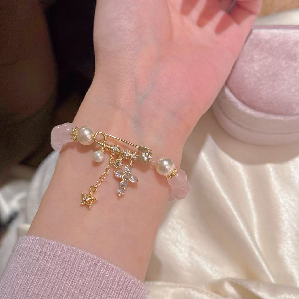 Pearl Safety Pin Bracelet with Cross Star Pendant, Luxury Niche Elegant Wrist Jewelry, Exquisite All-match Temperament Bracelet