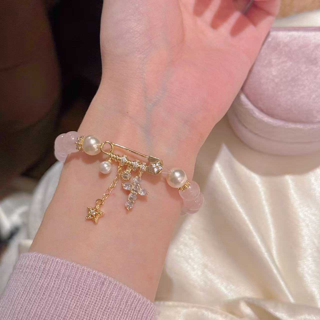 Pearl Safety Pin Bracelet with Cross Star Pendant, Luxury Niche Elegant Wrist Jewelry, Exquisite All-match Temperament Bracelet
