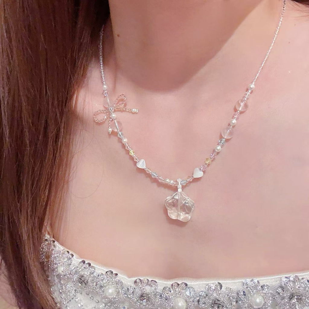 White Crystal Bow & Star Necklace, Cute Sweet Luxury Fashion Adjustable Chain Necklace Women Casual Party Jewelry水晶项链轻奢小众高级感精致甜美百搭项链
