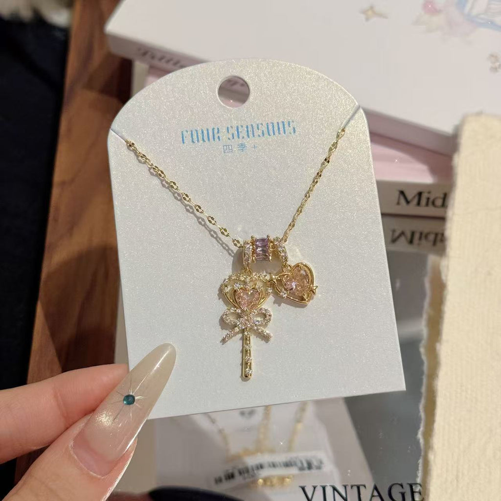 Pink Diamond Magic Wand Necklace Sweet Princess Style Luxury All-match Women Neck Chain