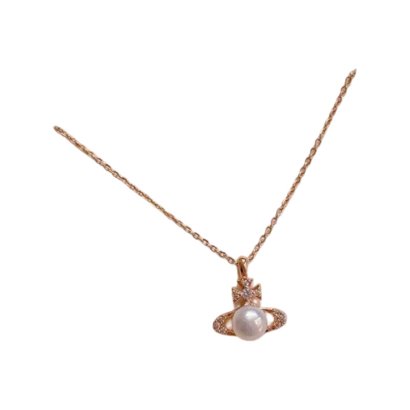 Saturn Planet Pearl Pendant Necklace, Dainty Minimalist Clavicle Chain, Luxury Niche Elegant Cool Tone Versatile Necklace