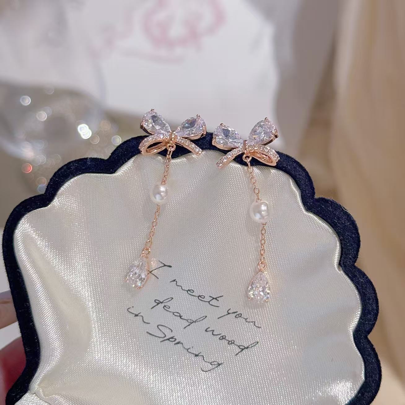 Bow Water Drop Pearl Tassel Earrings, S925 Sterling Silver Posts, Luxury Sweet Dainty Elegant Drop Stud Earrings