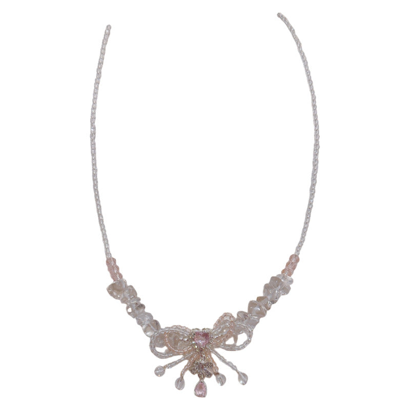Shiny Crystal Bow Pendant Necklace, Sweet Girly Daily Fashion Neck Chain