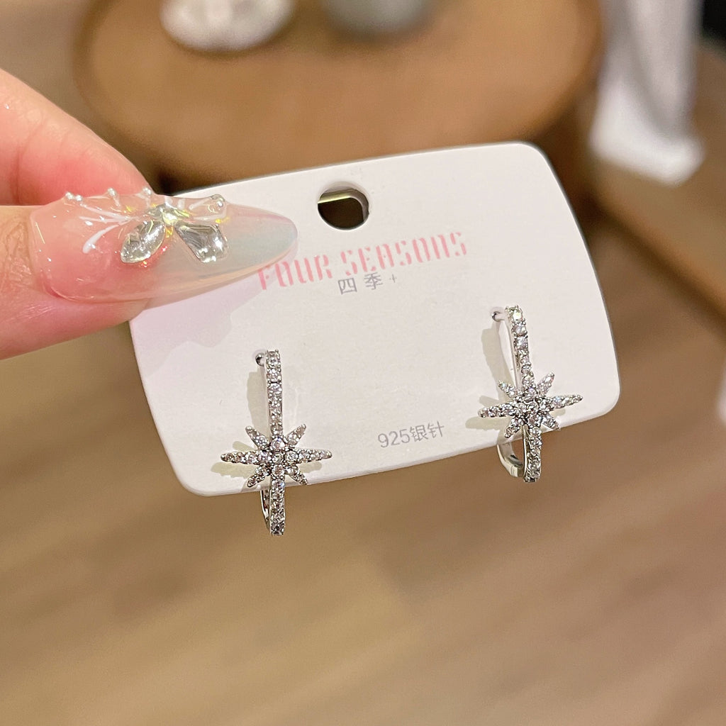 925 Silver Needle Eight-pointed Star Earrings, Luxury Elegant Ear Hook Jewelry, Cold Style Exquisite Temperament Ear Ornaments for Women Wholesale