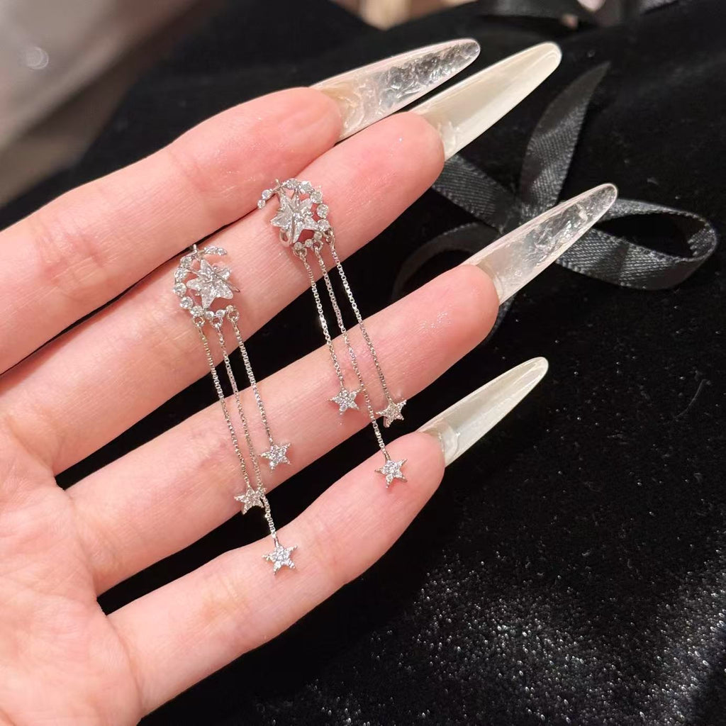 S925 Sterling Silver Moon Star Earrings, Sparkling Zircon Long Tassel Dangle Earrings