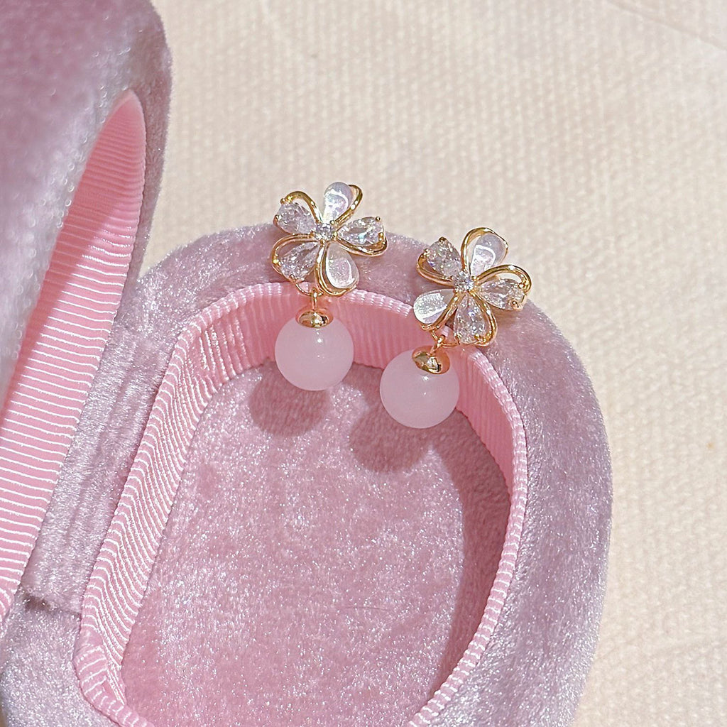 Flower White Jade Bead Earrings, Luxury Niche Elegant Ear Jewelry, Gentle Style Exquisite Versatile Stud Earrings