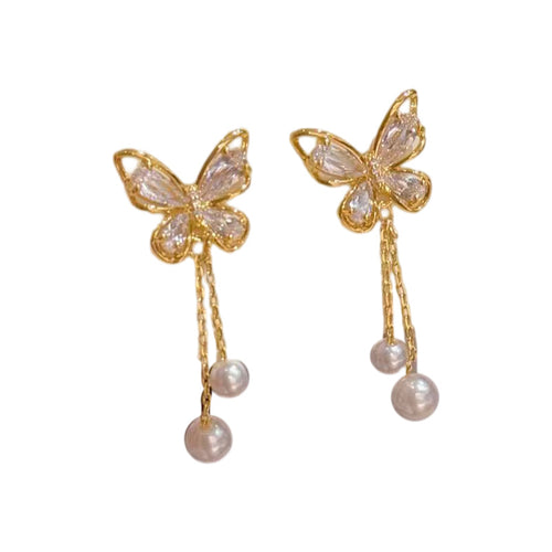 Butterfly Pearl Tassel Drop Earrings, S925 Sterling Silver Posts, Luxury Dainty Sweet Elegant Dangling Stud Earrings