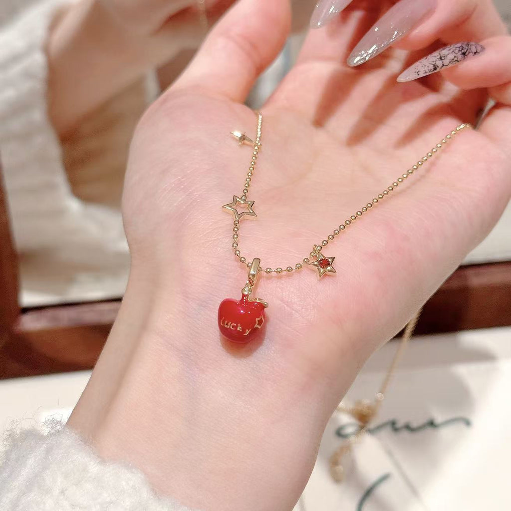 Apple Lucky Pendant Necklace, Minimalist Sweet Cool Luxury Dainty Zircon Clavicle Chain Jewelry for Women