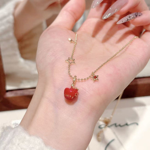 Apple Lucky Pendant Necklace, Minimalist Sweet Cool Luxury Dainty Zircon Clavicle Chain Jewelry for Women