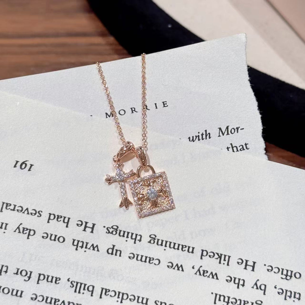 Cross & Heart Lock Pendant Necklace for Women, Luxury Niche Dainty Versatile Trendy Clavicle Fine Jewelry for Daily Wear