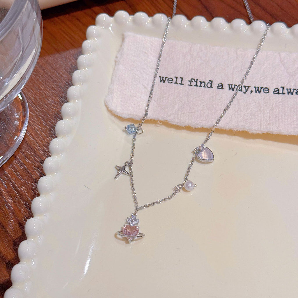 Pink Heart Ring Necklace, Luxury Niche Stylish Clavicle Chain, Sweet Girly Elegant Versatile Pendant