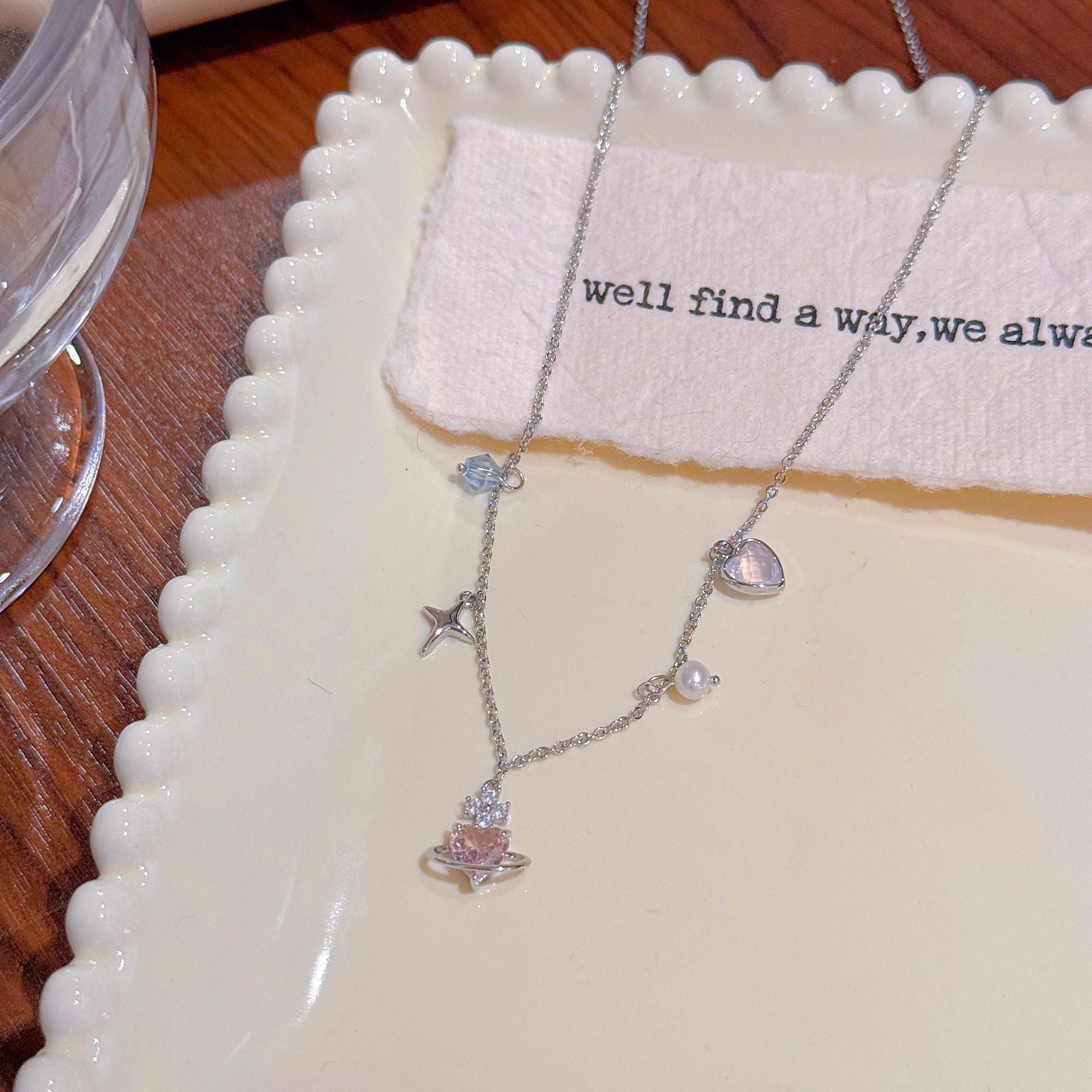 Pink Heart Ring Necklace, Luxury Niche Stylish Clavicle Chain, Sweet Girly Elegant Versatile Pendant