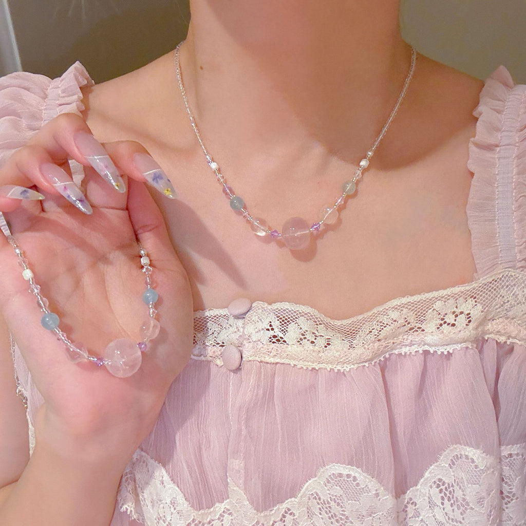 Beaded Pink Crystal Necklace, Luxury Niche Sweet Clavicle Chain, Elegant All-match Dainty Women Jewelry