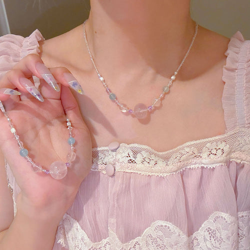 Beaded Pink Crystal Necklace, Luxury Niche Sweet Clavicle Chain, Elegant All-match Dainty Women Jewelry