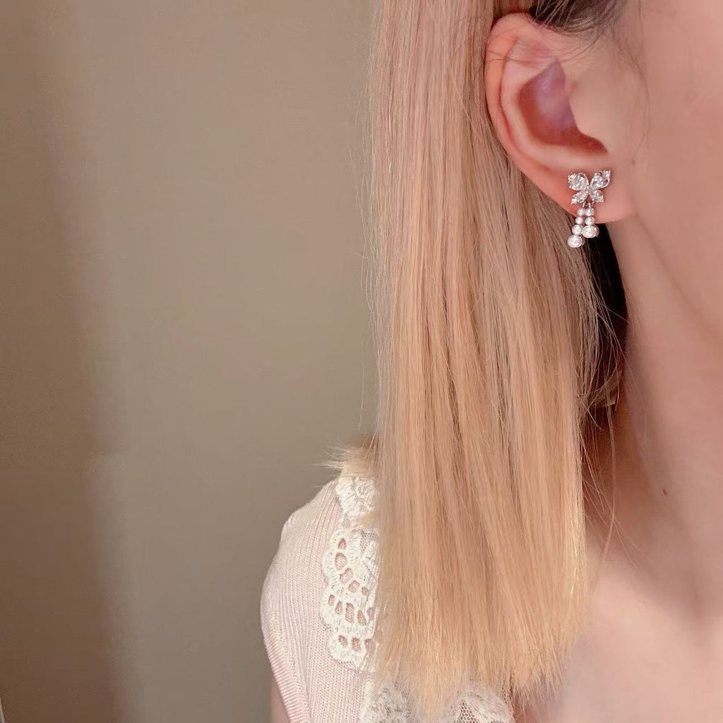 Butterfly Pearl Stud Earrings, S925 Sterling Silver Posts, Fresh Sweet Elegant Luxury Dainty All-match Earrings
