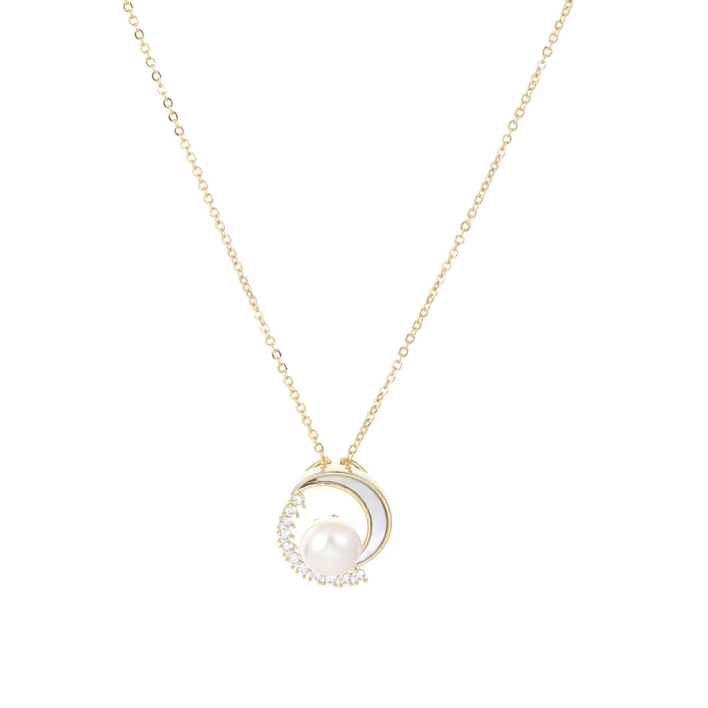 Niche Luxury Round Hoop & Crescent Moon Pearl Pendant Necklace, Dainty Elegant All-Match Office Commute Choker Jewelry