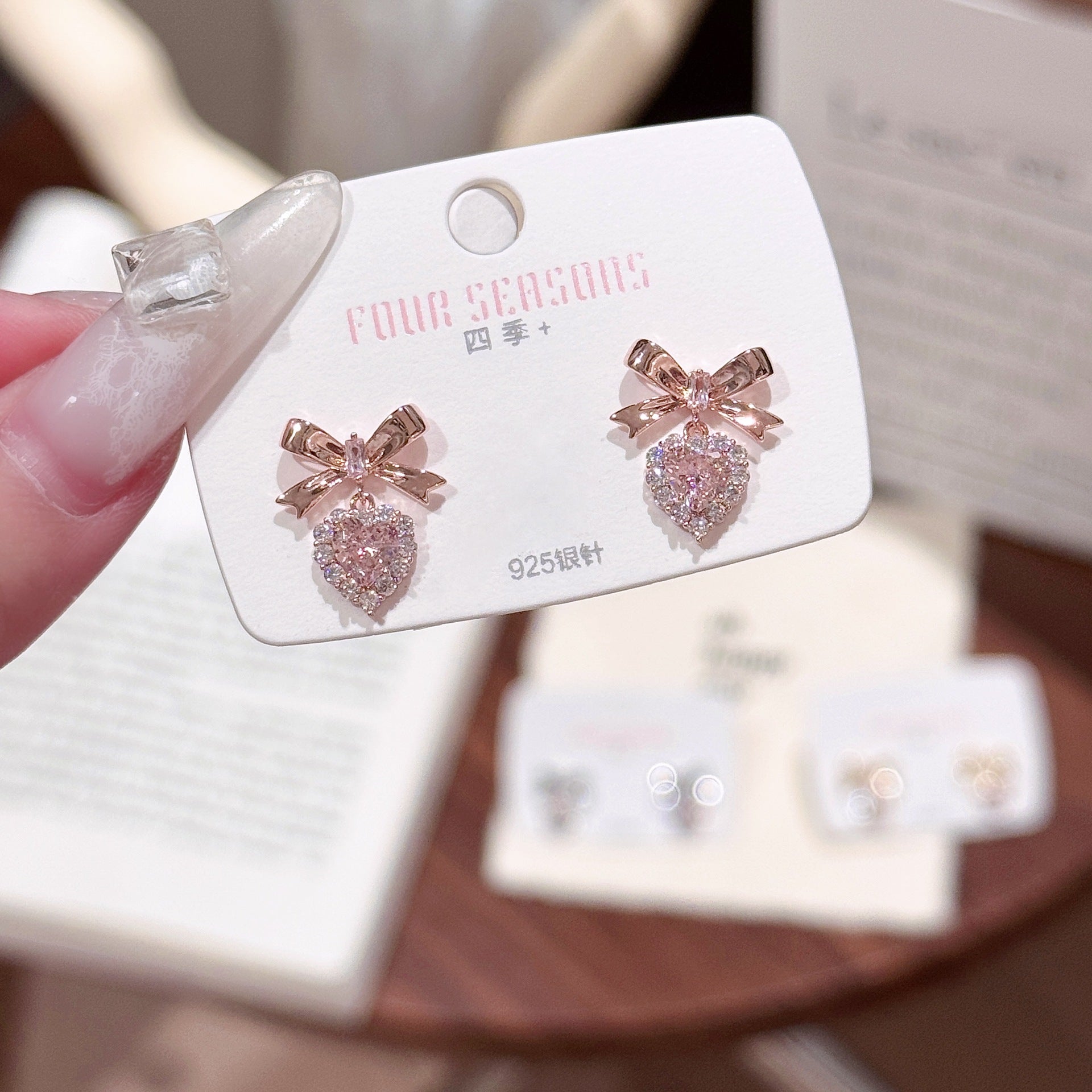 Korean Heart Bow Rhinestone Stud Earrings, Elegant Fashion Earrings For Ladies