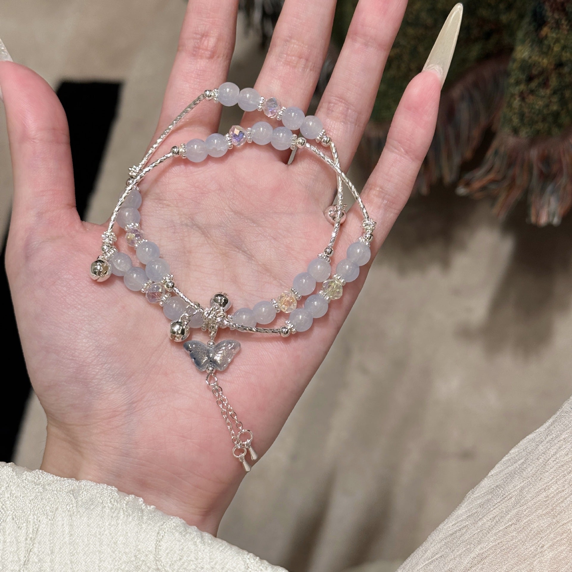 Vintage  Chalcedony Crackle Crystal Butterfly Stack Bracelet Elegant Ladies Accessory