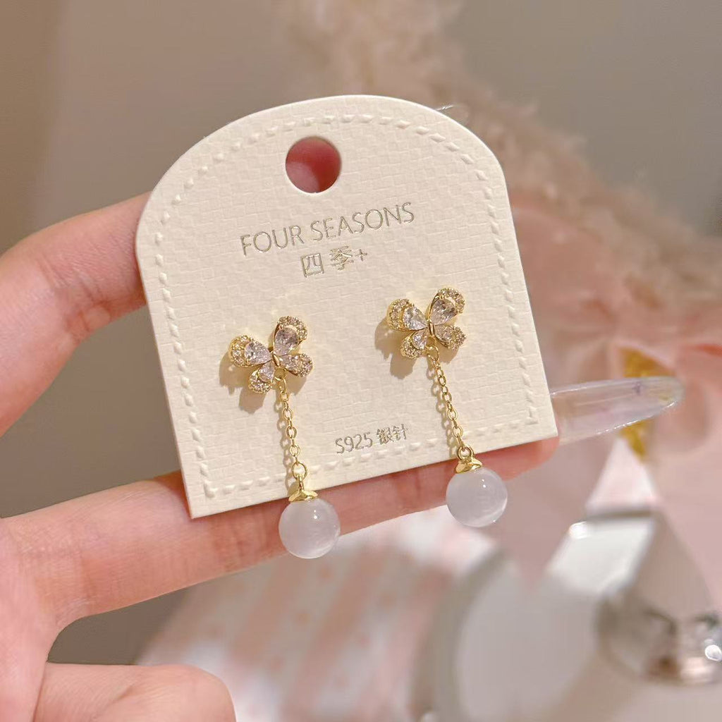 Butterfly Tassel Cat's Eye Stone Drop Earrings, S925 Sterling Silver Posts, Luxury Dainty Elegant All-match Stud Earring