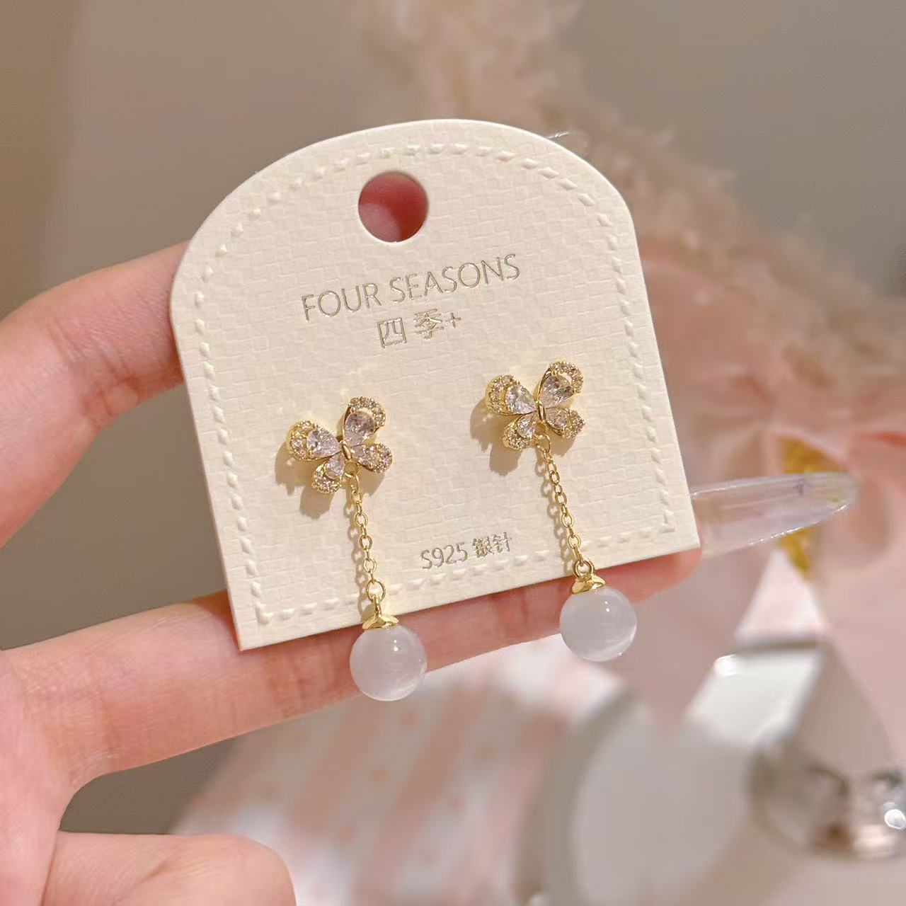 Butterfly Tassel Cat's Eye Stone Drop Earrings, S925 Sterling Silver Posts, Luxury Dainty Elegant All-match Stud Earring