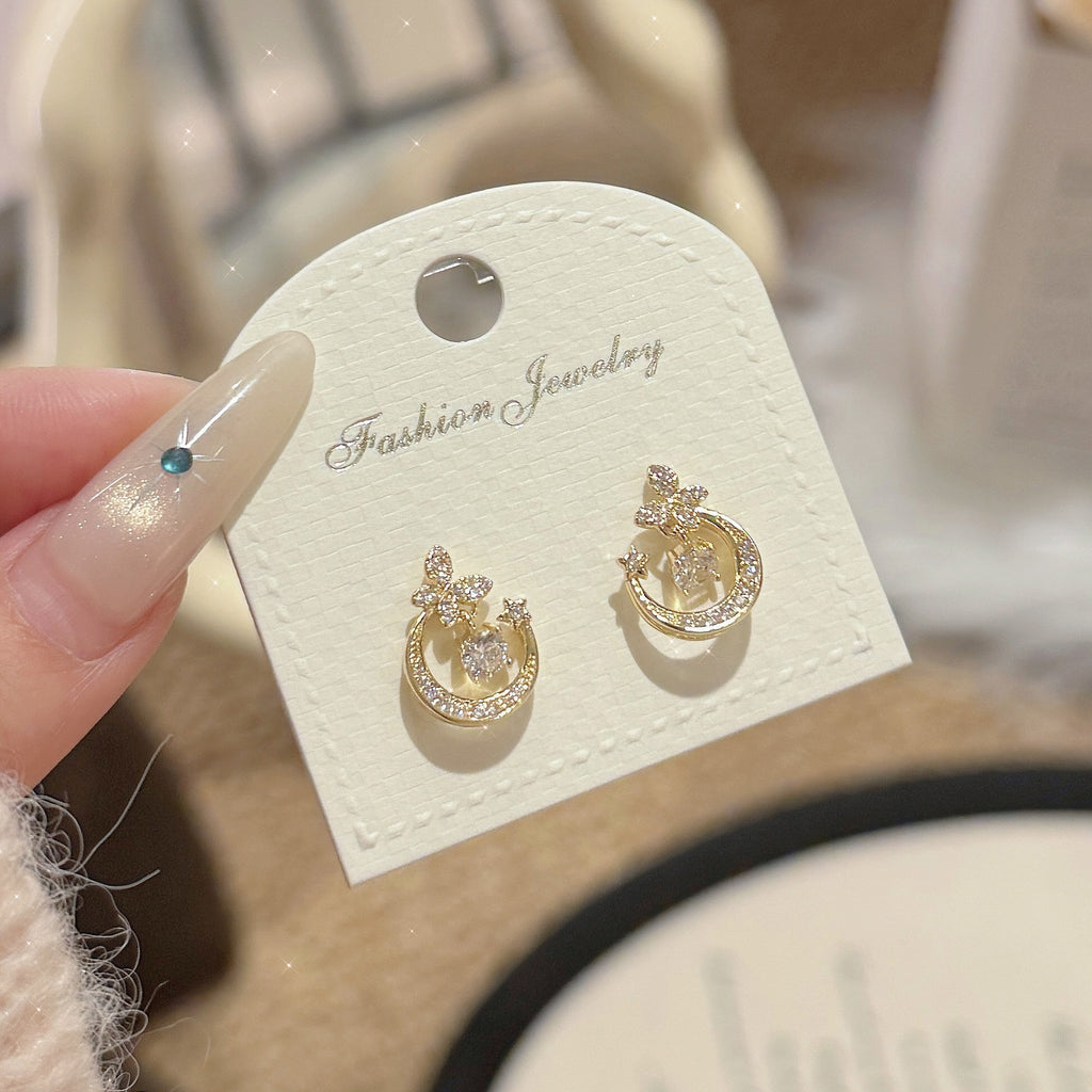 Moon & Flower Stud Earrings Under Moon Shadow, Luxury Elegant Versatile Dainty Women Earrings