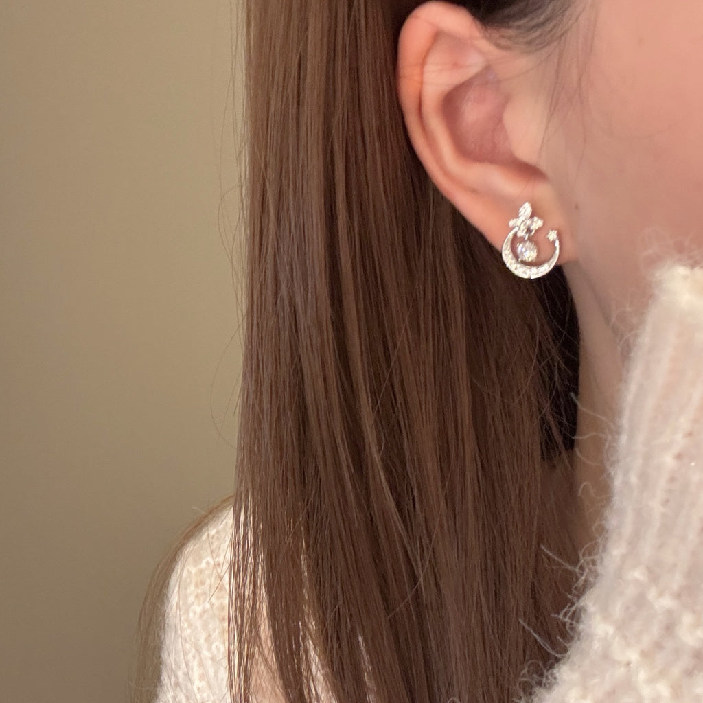 Moon & Flower Stud Earrings Under Moon Shadow, Luxury Elegant Versatile Dainty Women Earrings