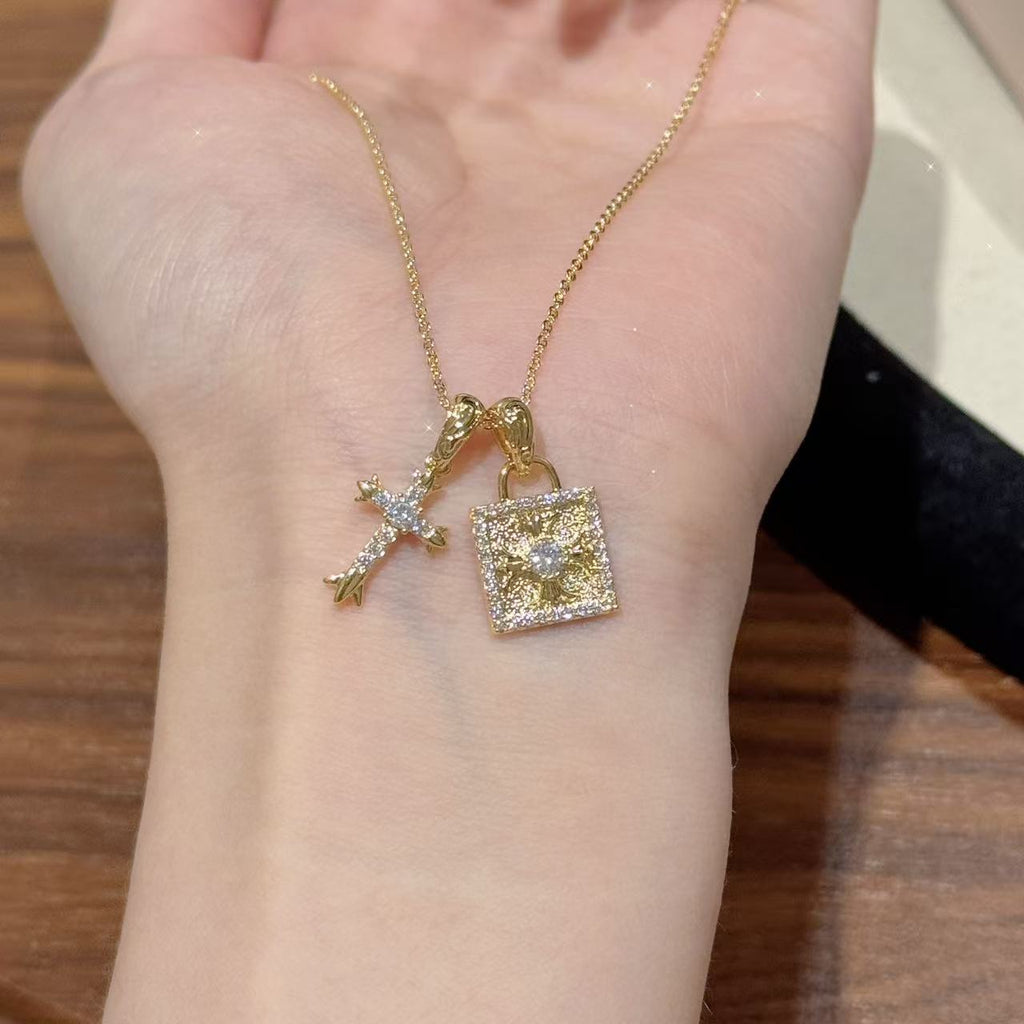 Cross & Heart Lock Pendant Necklace for Women, Luxury Niche Dainty Versatile Trendy Clavicle Fine Jewelry for Daily Wear