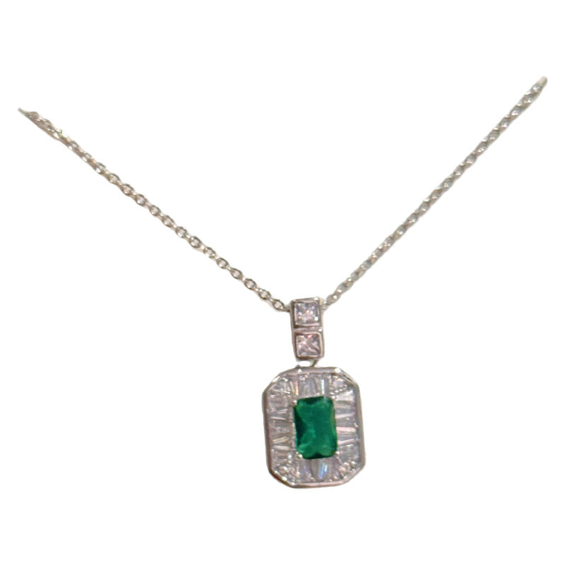 Vintage Green Square Glass Collarbone Necklace Luxury Women Elegant Jewelry