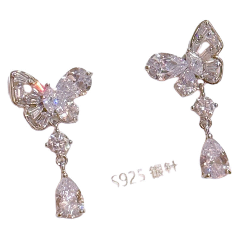 Moonlight Butterfly Water Drop Earrings, Luxury High Grade S925 Silver Needle Earrings, Exquisite Atmosphere Versatile Stud Earrings