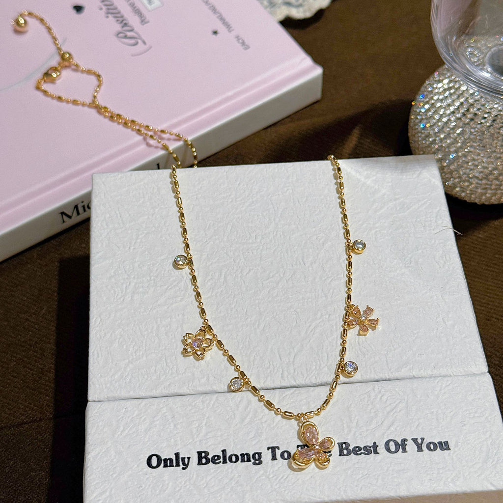 Vintage Butterfly & Flower Clavicle Necklace, Sweet Feminine Dainty Pendant Chain