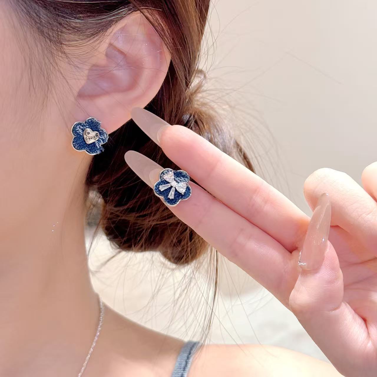 Autumn Winter Fashion Accessories Denim Bow Earrings Star Moon Earrings, Exquisite High-end Versatile Earrings & Matching Necklace Jewelry Set for Women