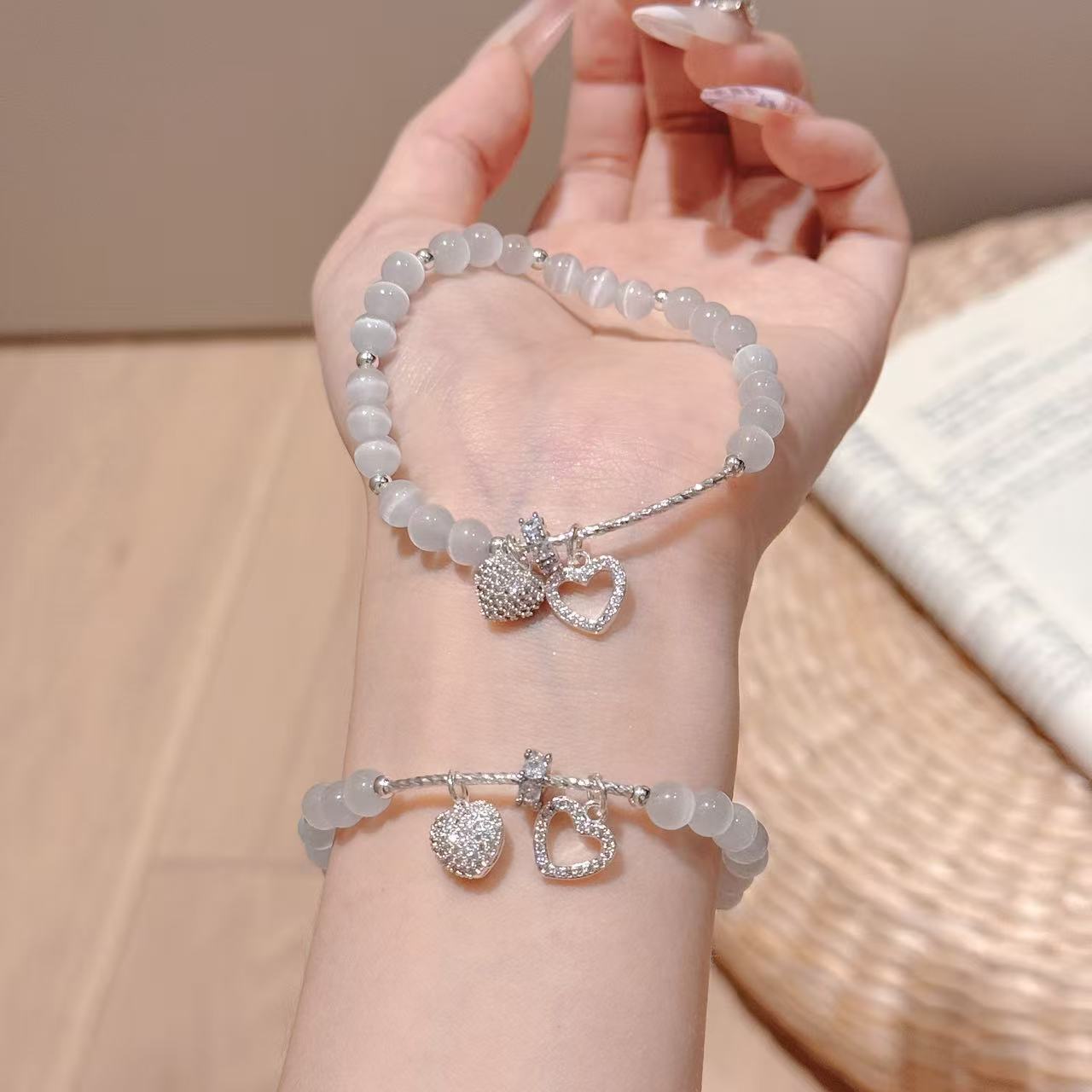 Heart Shape Cat's Eye Stone Bracelet, Hot Selling on Xiaohongshu, Luxury Niche All-match Women Hand Jewelry