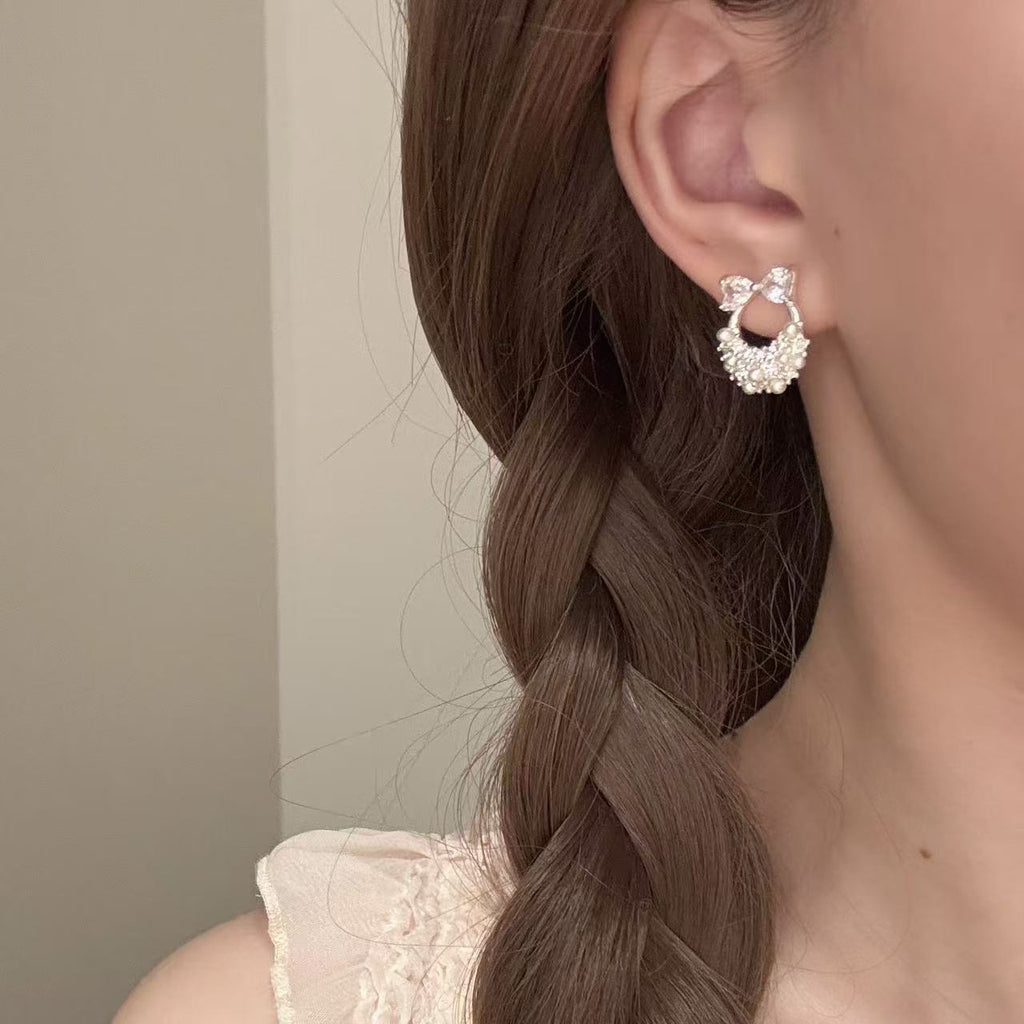 Quiet Luxury Bow & Pearl Mini Handbag Stud Earrings, Niche Elegant Chanel Style All-Match Dainty Women Fine Ear Jewelry
