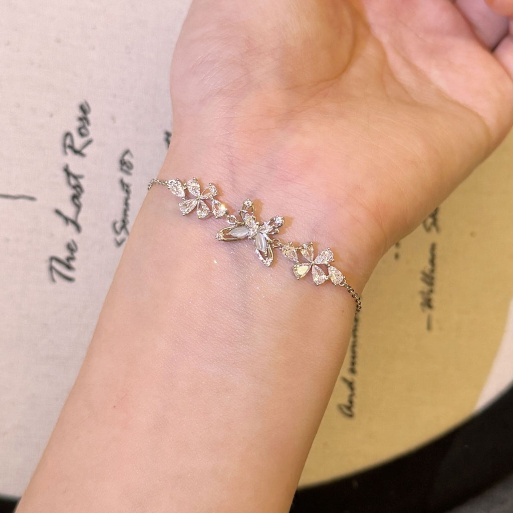 Butterfly & Flower Bracelet, Sparkling Cubic Zirconia Minimal Bangle, Luxury Elegant Dainty Versatile Fashion Hand Jewelry