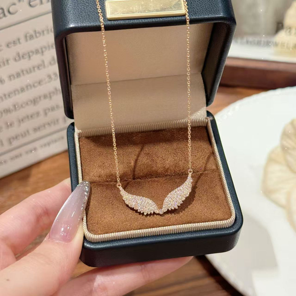 Sparkling Full Zircon Angel Wing Necklace, Elegant Luxury Daily Fashion Pendant Necklace